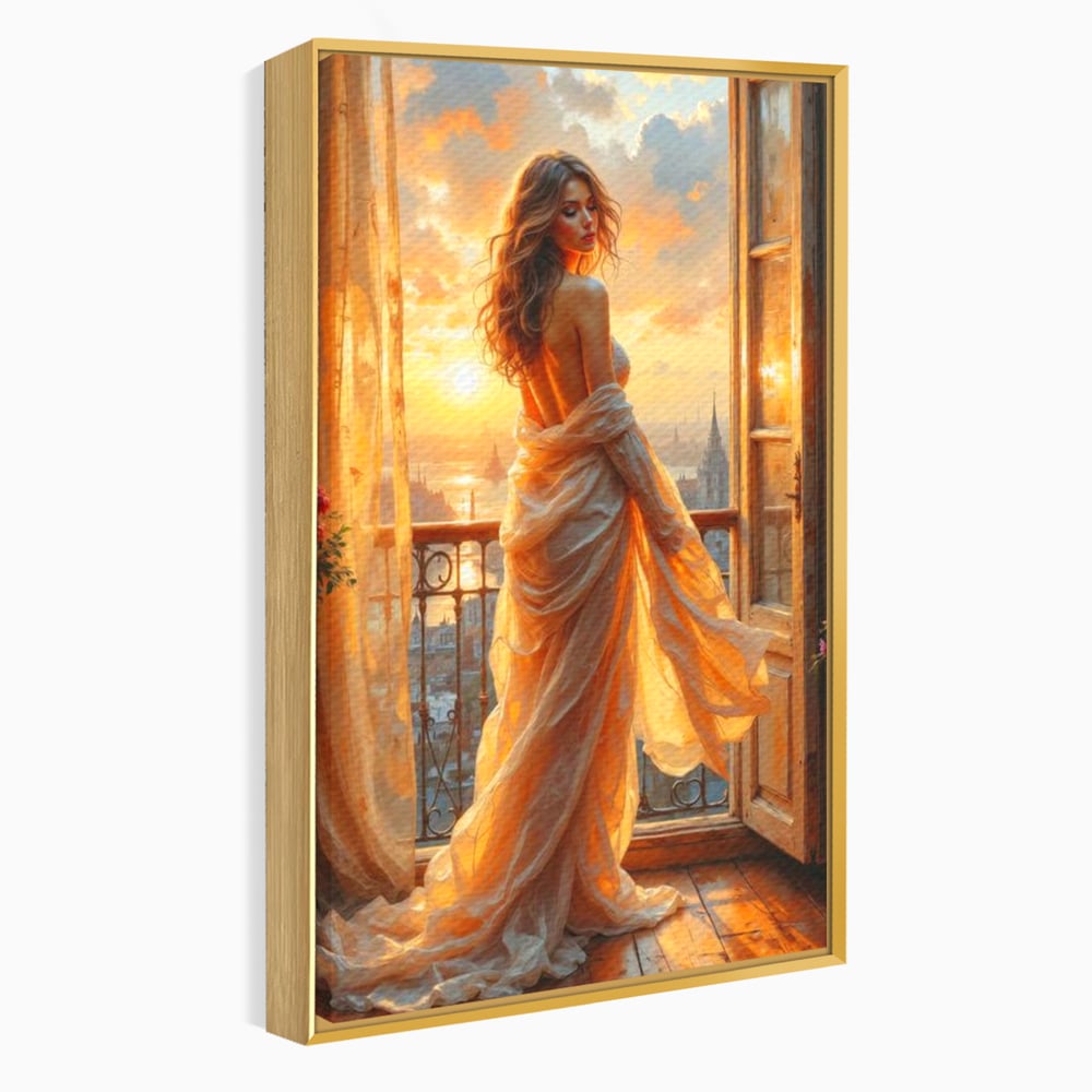 Tablou canvas cu tablou canvas cu femeie la fereastra, in rama de aluminiu auriu